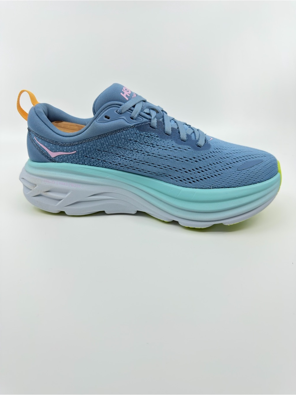 Hoka Women's Bondi 8 Shadow/Dusk blue colorway with pink and lime green details. - Picture 5 of 9